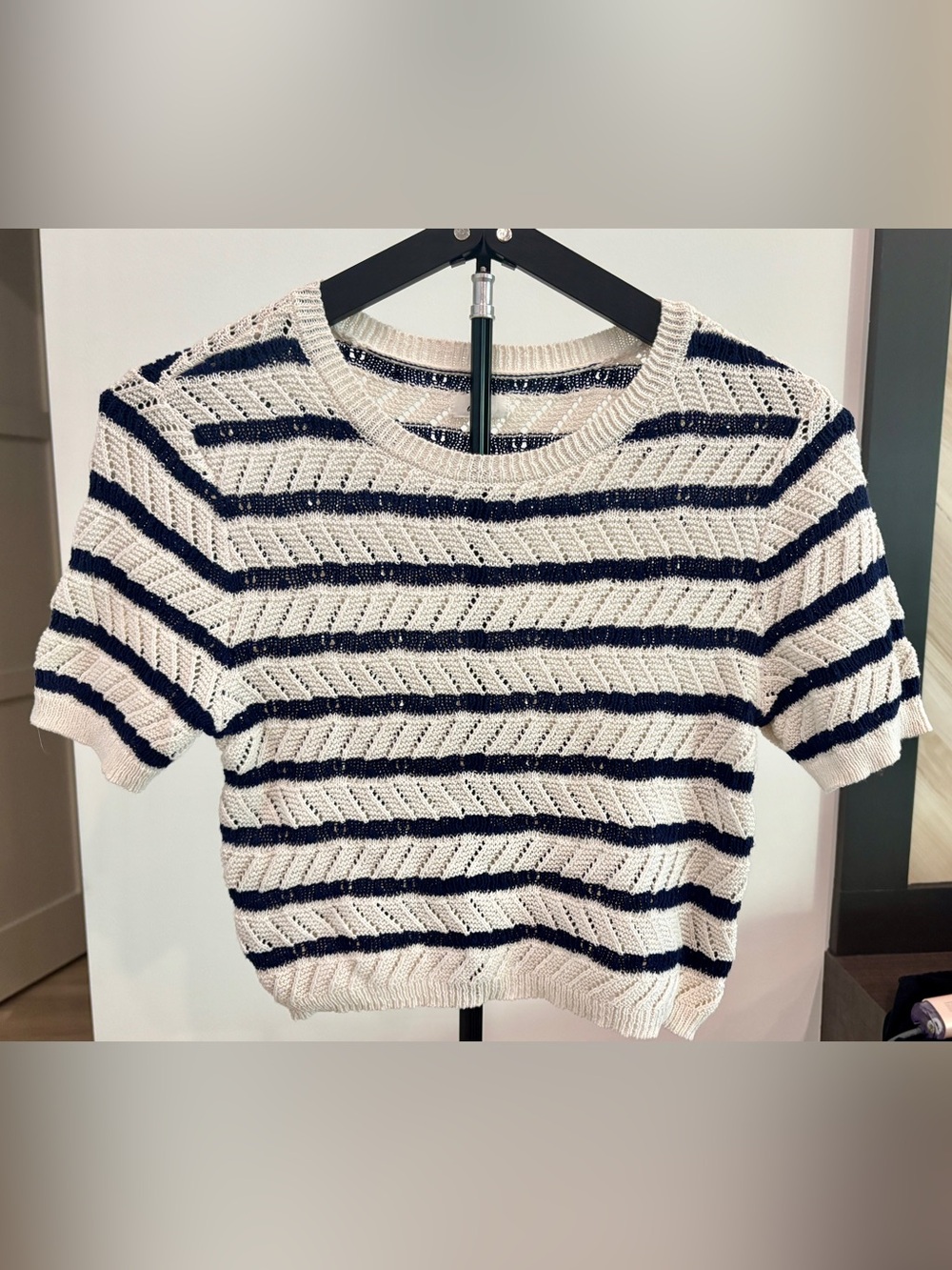 Aerie cream and navy striped open-knit short sleeve sweater top (M)